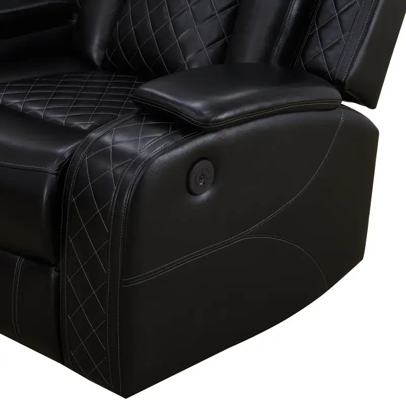 Ainehome Black Leather Power Reclining Sofa Set with Smart Storage & Wireless Charging