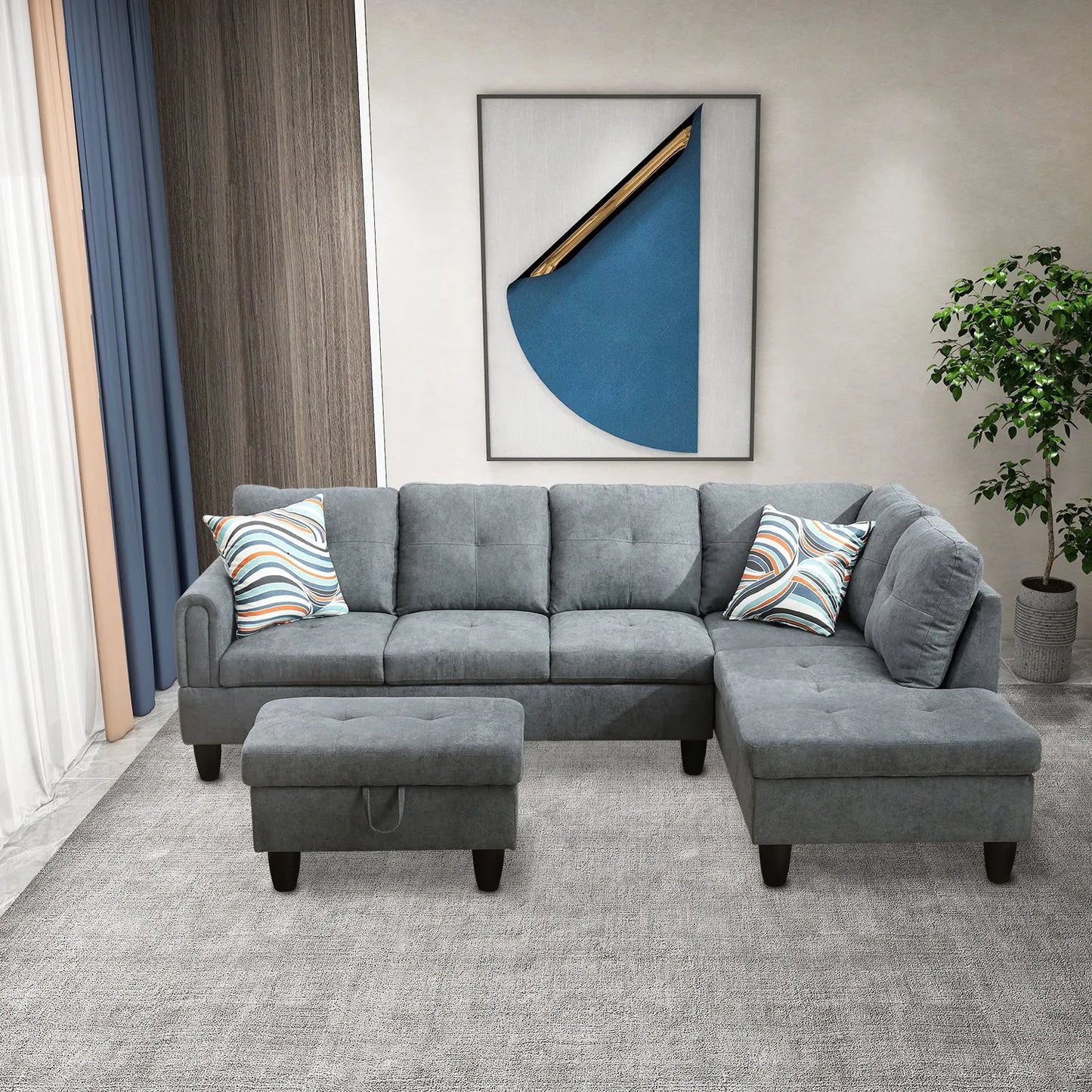 97" Wide Dark Grey Flannel L-Shaped Living Room Sectional Sofa Set
