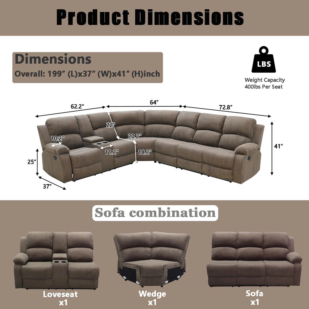Ainehome Grandview 5-Seat Reclining Sectional in Textured Peanut Fabric