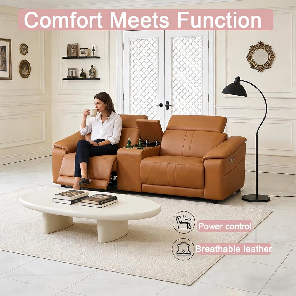 Ainehome Light Brown Leather 5-Seater Modular Power Reclining Sectional Sofa Set with Smart Storage & USB