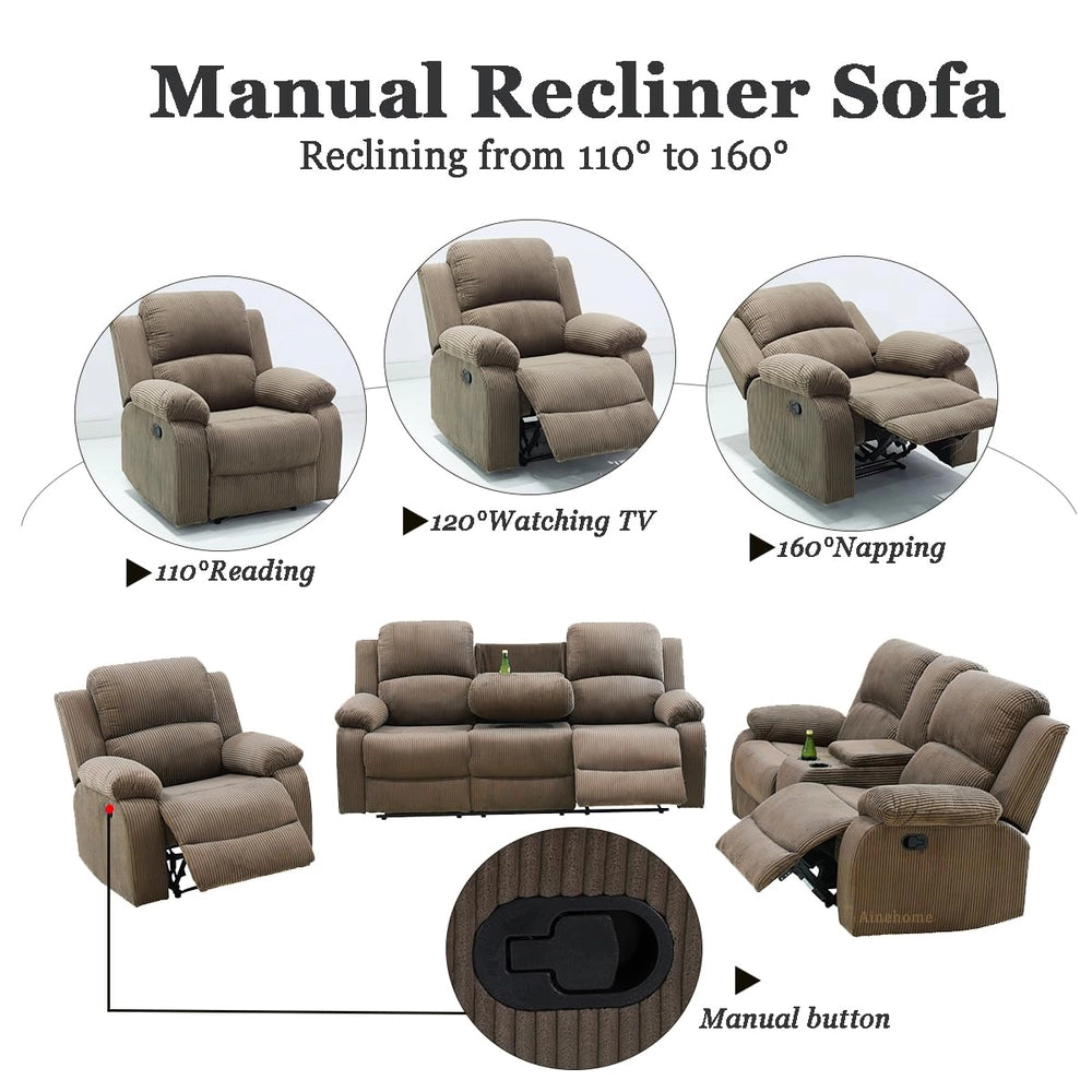 Ainehome Cinema 3-Piece Peanut Color Textured Reclining Sofa Set