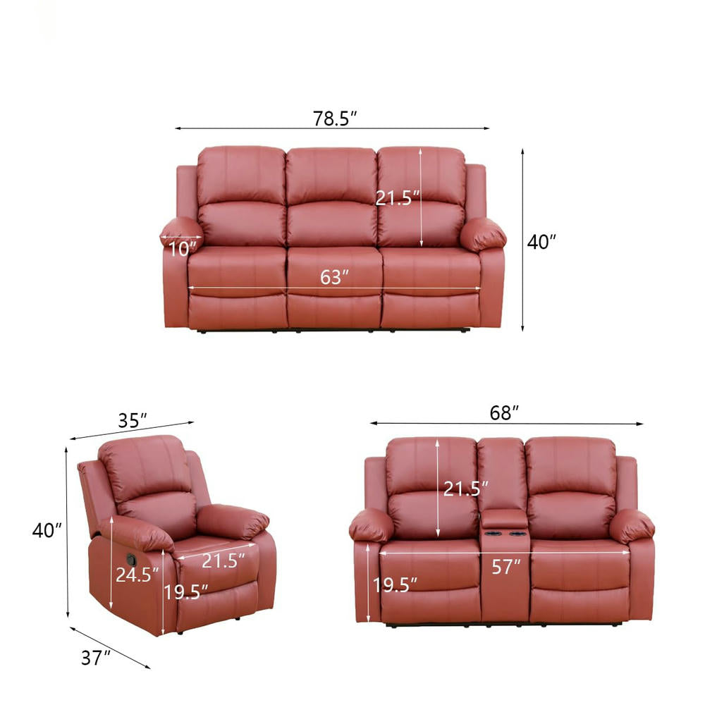 Ainehome Cinema 3-Piece Red Faux Leather Manual Reclining Sofa Set