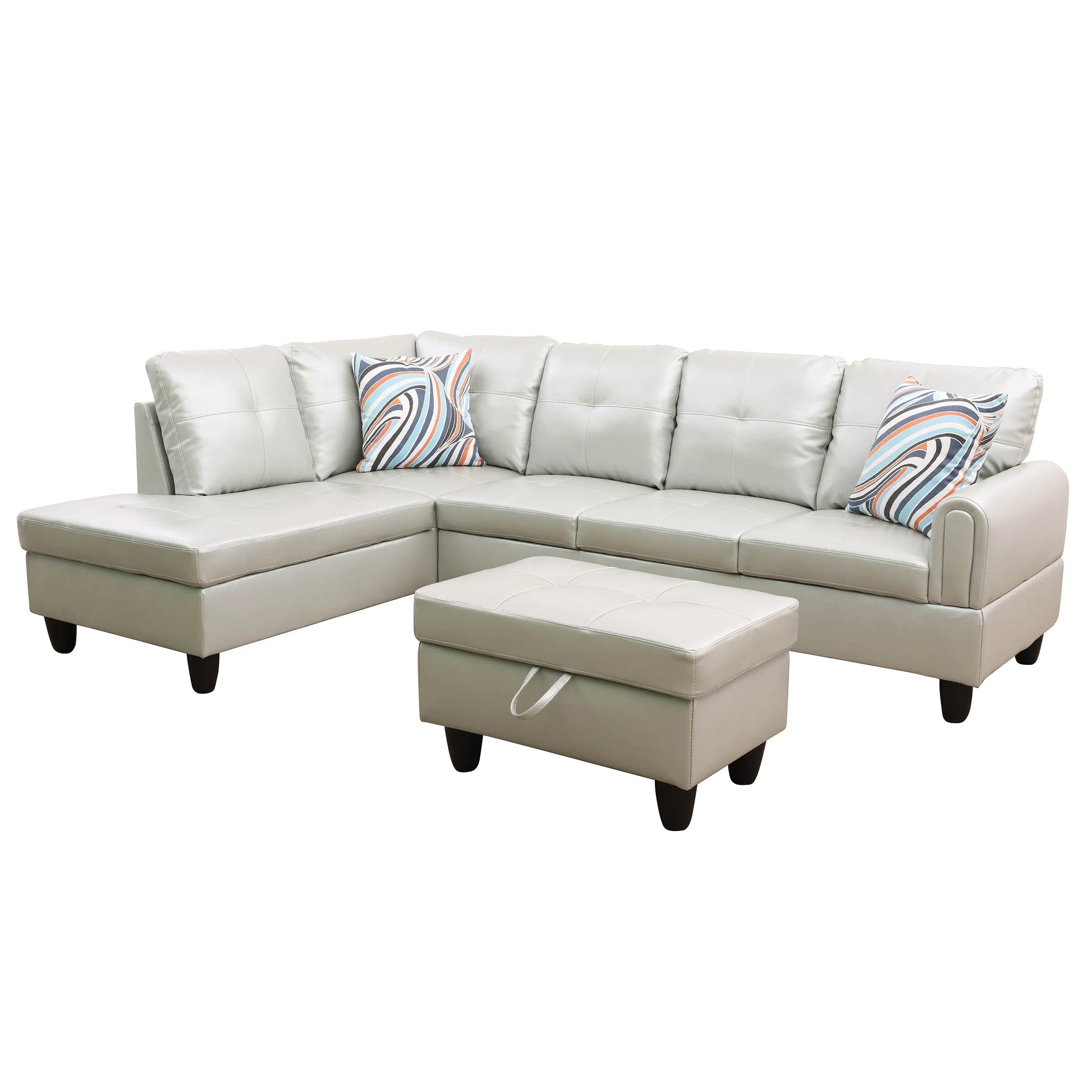 Ainehome 97" Wide Silver Green Faux Leather L-Shaped Living Room Sectional Sofa Set