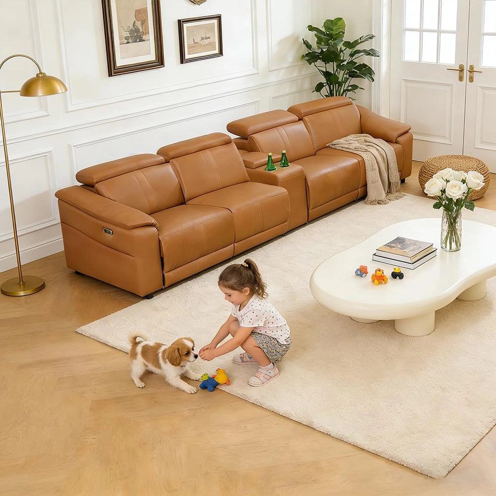 Ainehome Light Brown Leather 5-Seater Modular Power Reclining Sectional Sofa Set with Smart Storage & USB