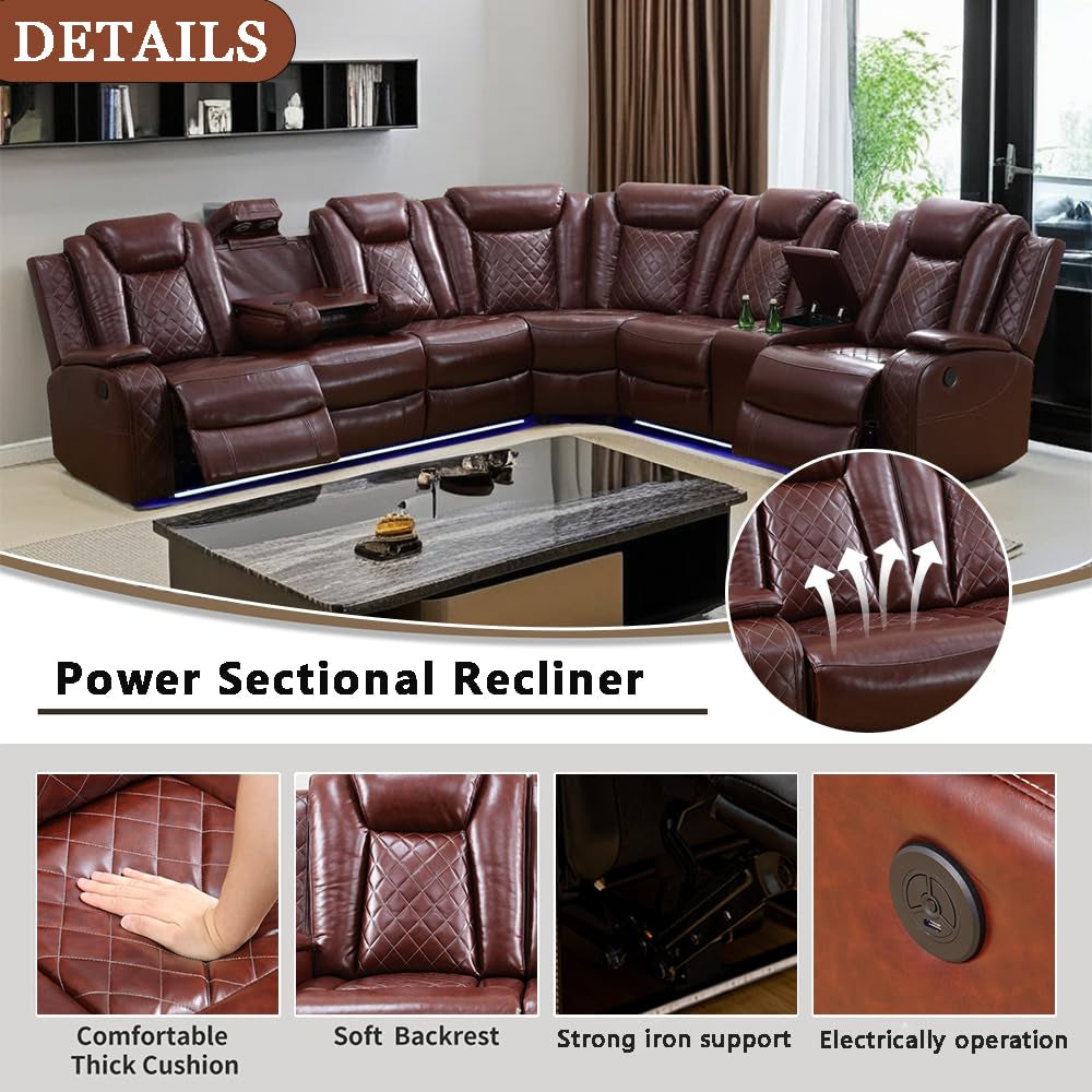 Ainehome Red 3-Piece Intelligent Power Reclining Leather Sectional Sofa Set with Smart Features