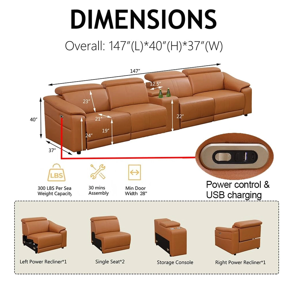 Ainehome Light Brown Leather 5-Seater Modular Power Reclining Sectional Sofa Set with Smart Storage & USB