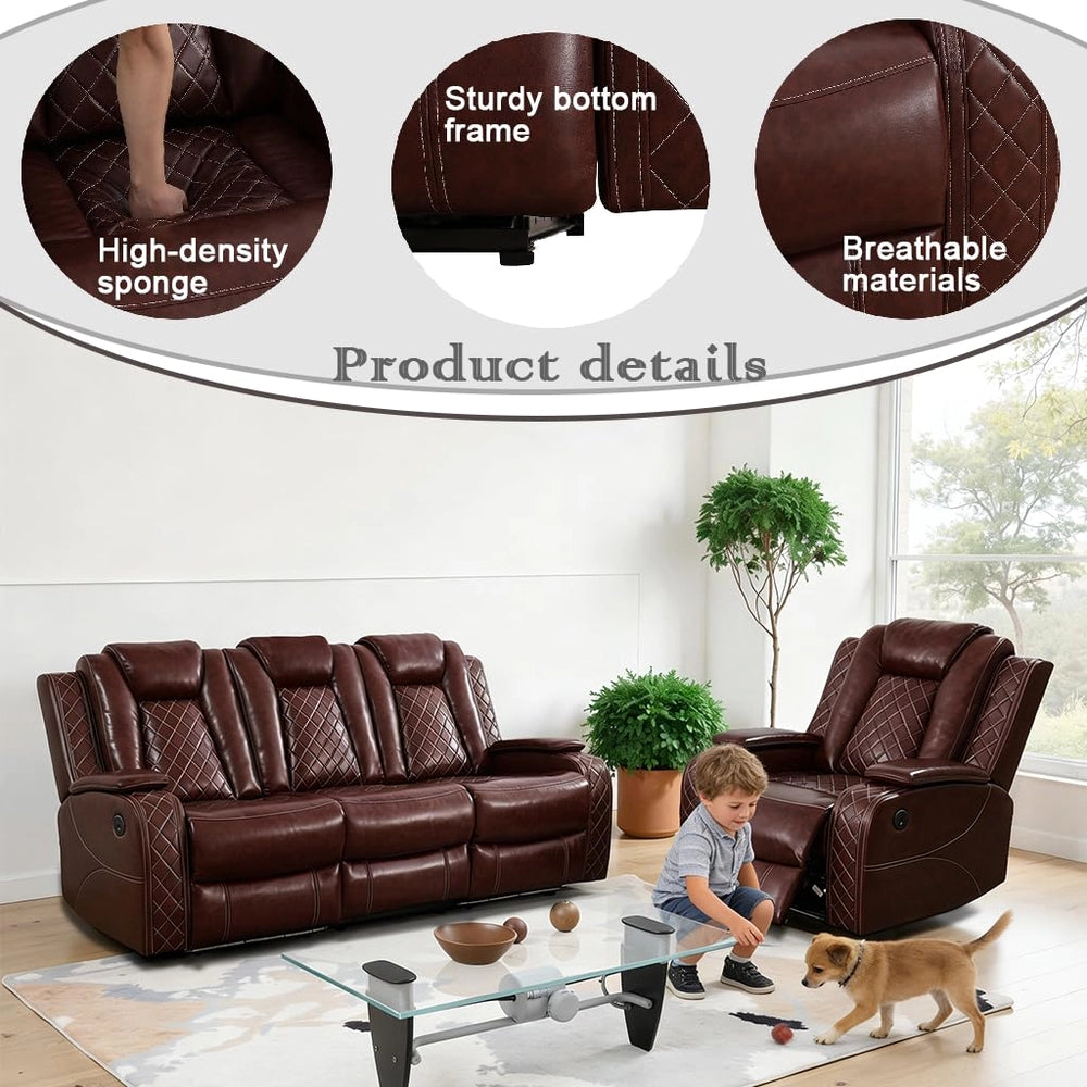 Ainehome Burgundy Leather 3-Piece Power Reclining Sofa Set with Diamond Stitching & Smart Features