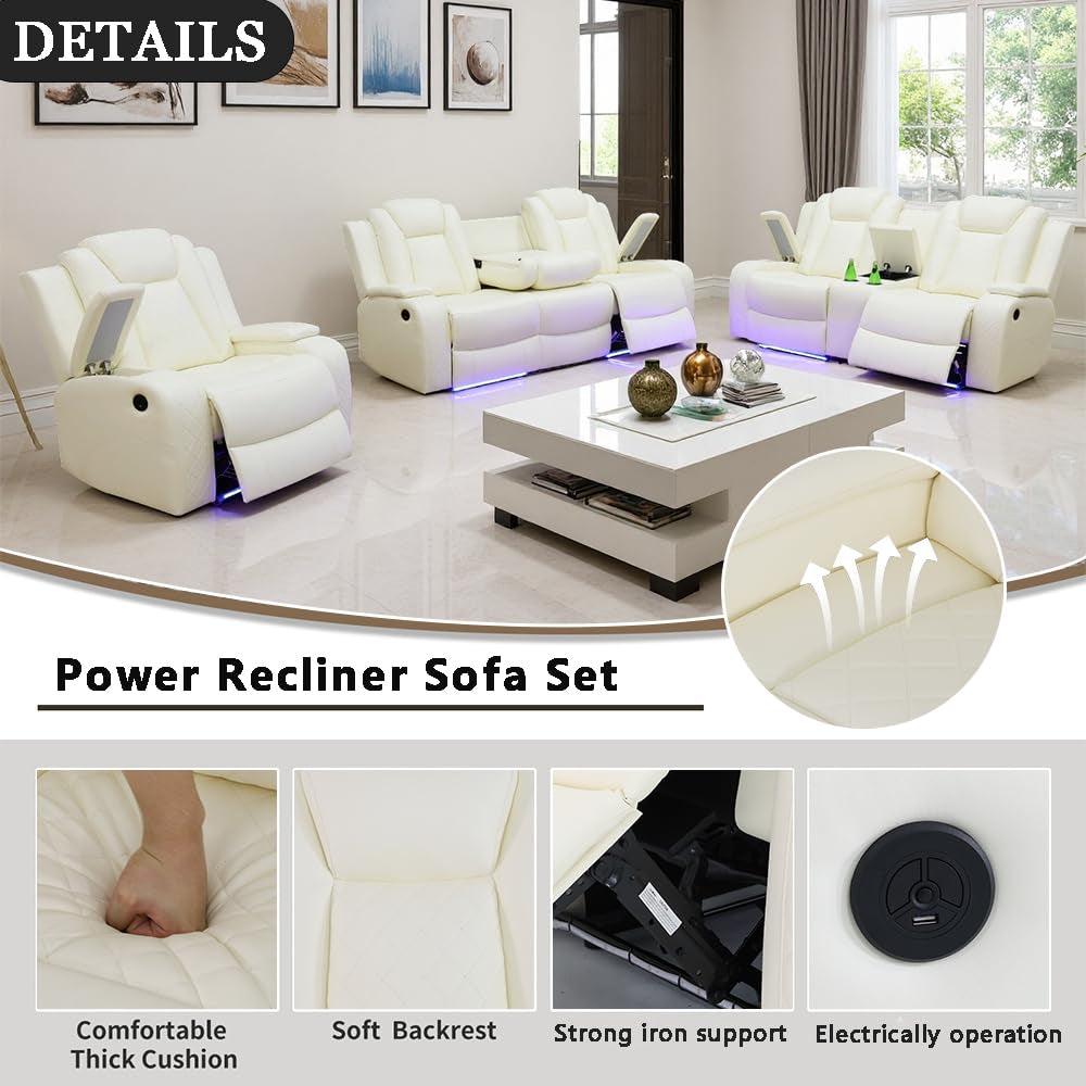 Ainehome White Leather Power Reclining Sofa Set with Smart Consoles & 170° Recline