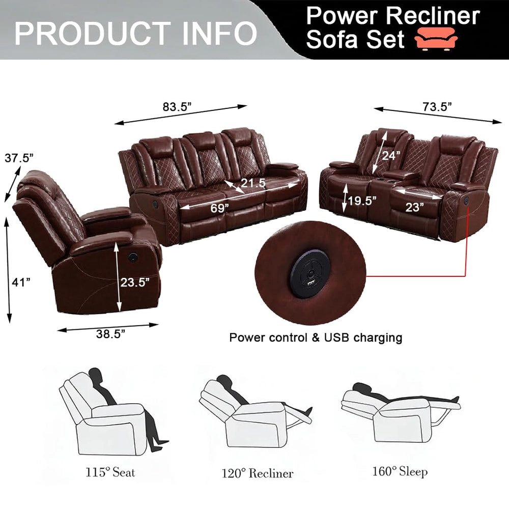 Ainehome Burgundy Leather 3-Piece Power Reclining Sofa Set with Diamond Stitching & Smart Features