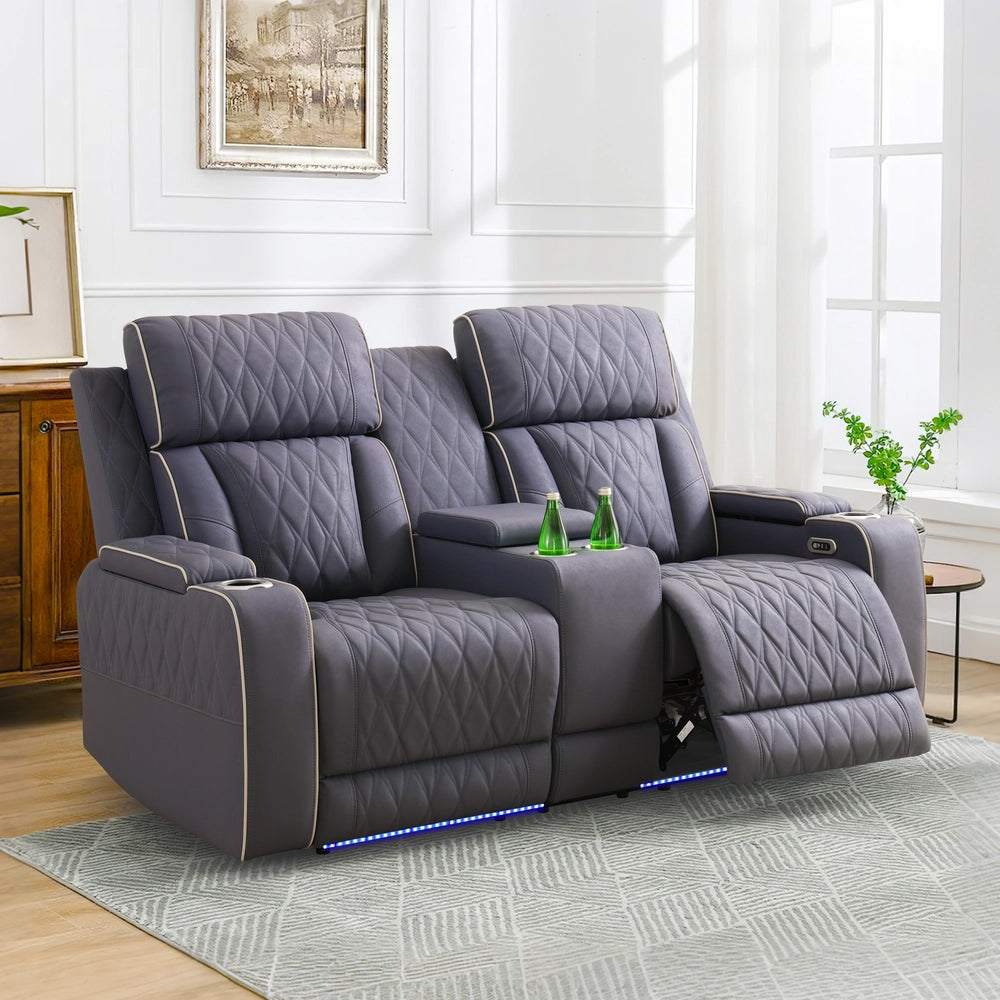 Blue Gray Sanded Leather 5-Seater Power Reclining Sofa Set with Smart Features