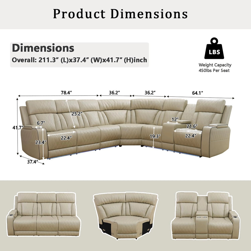 Ainehome Beige Leather Power Reclining Sectional Sofa with Reading Lamp