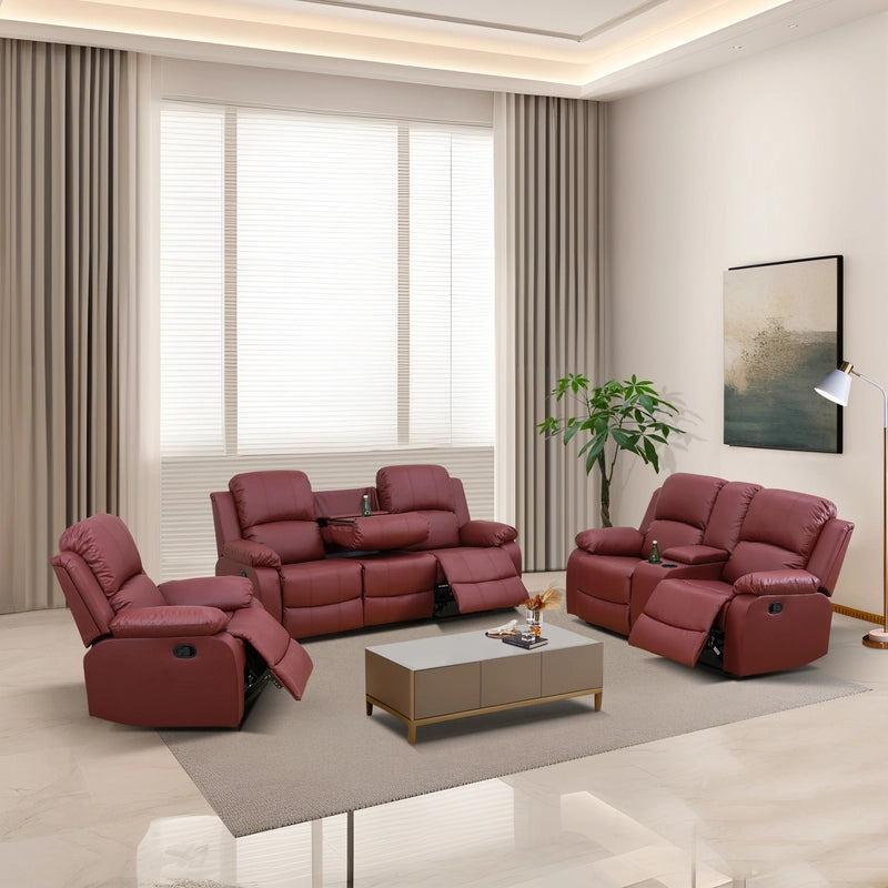 Cinema 3-Piece Red Faux Leather Manual Reclining Sofa Set