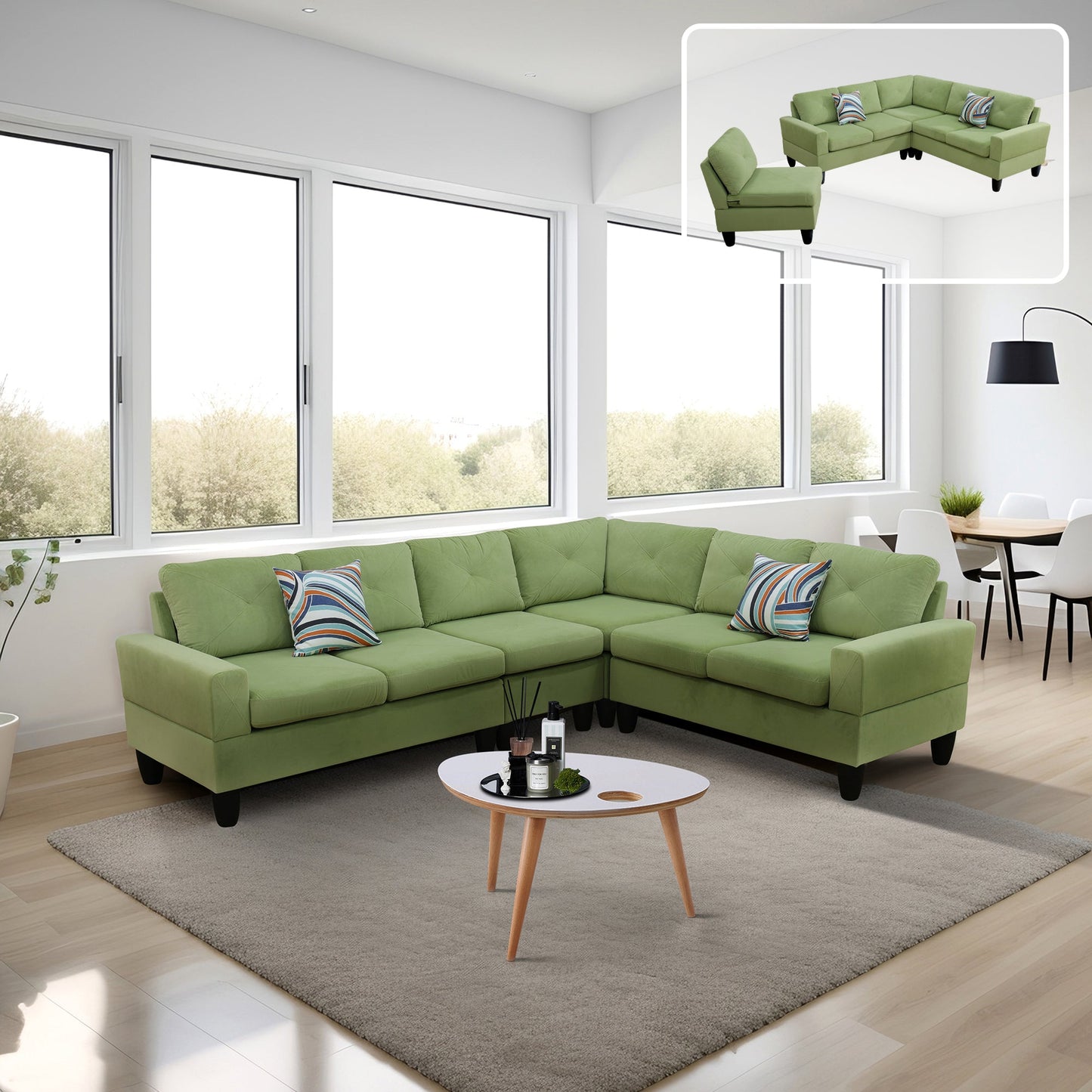 Ainehome Apple Green Flannel 4-Piece Modular Sofa Set