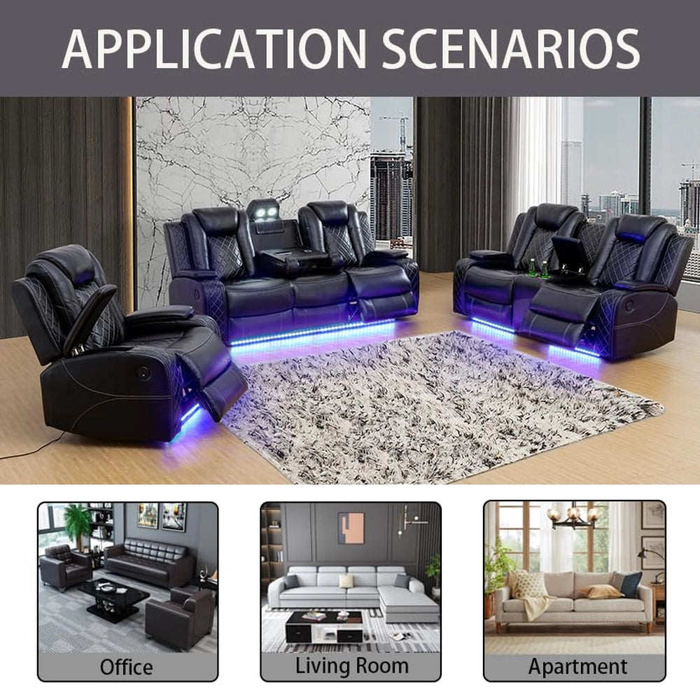 Ainehome Black Leather Power Reclining Sofa Set with Smart Console & LED Lighting