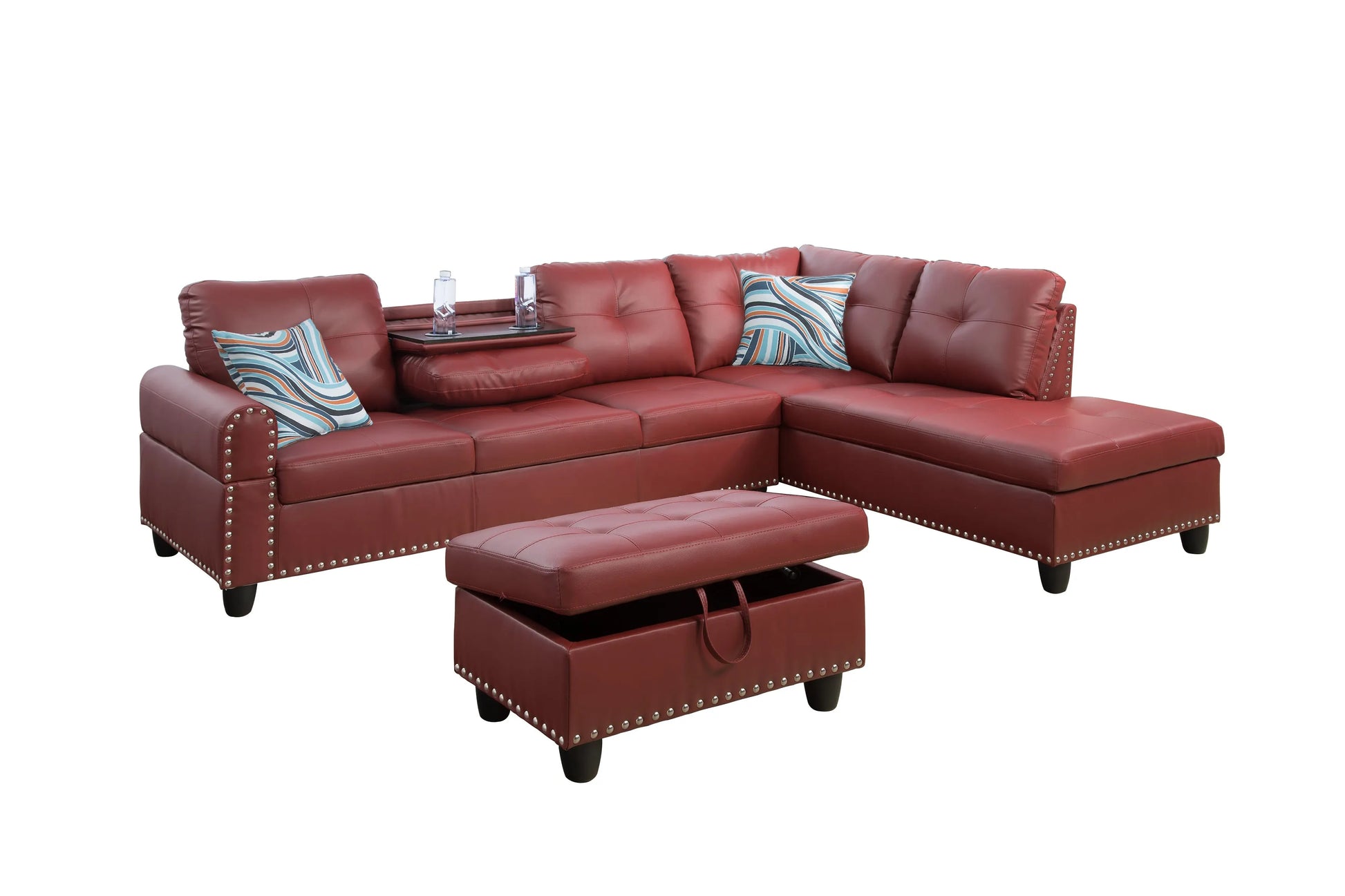 Ainehome 97.5" Wide Red Synthetic Leather L-Shaped Living Room Sectional Sofa Set