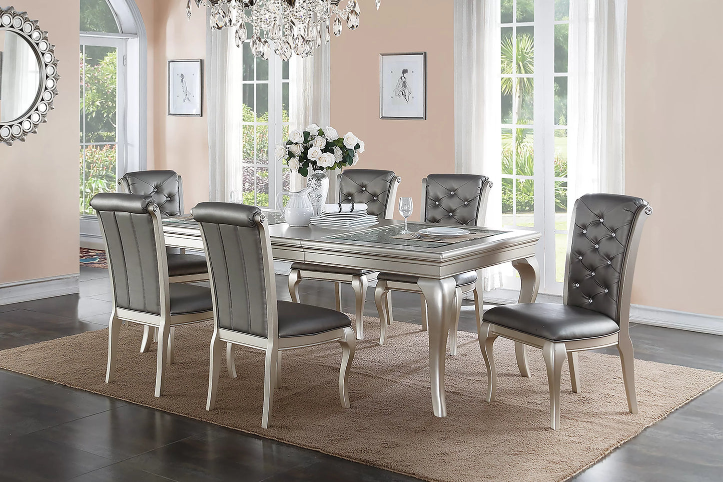 Silver Round Dining Group with Tufted Chairs