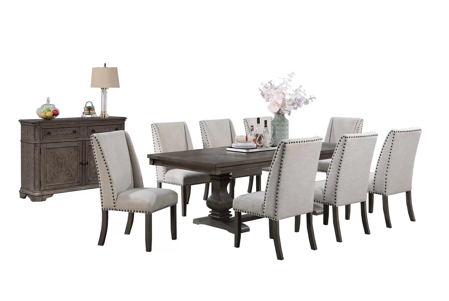 Double-Pedestal Dining Group with Nailhead Chairs