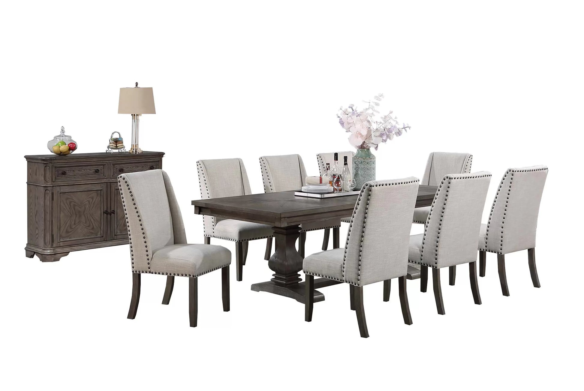 Double-Pedestal Dining Group with Nailhead Chairs