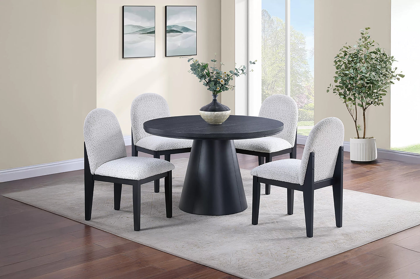 Black Round Dining Group with Bouclé Chairs