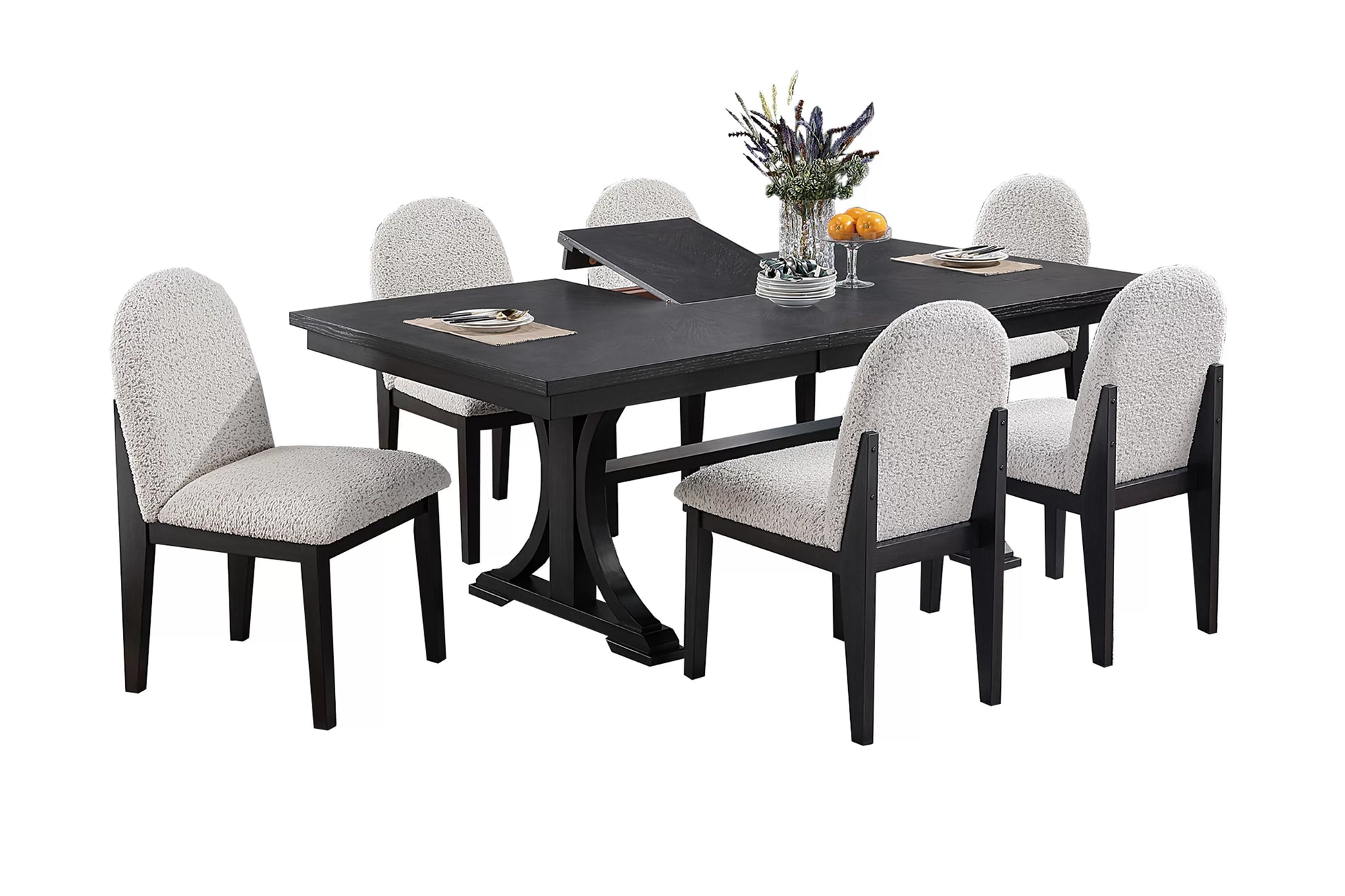 Black Round Dining Group with Bouclé Chairs