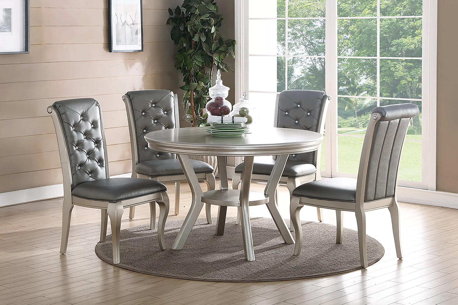 Silver Round Dining Group with Tufted Chairs