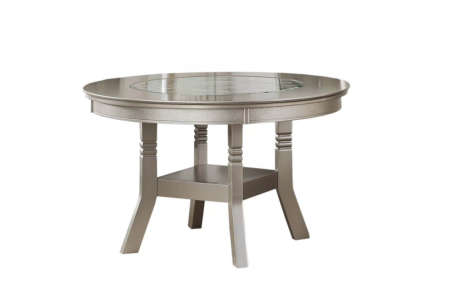 Silver Round Glass-Top Dining Group with Tufted Chairs