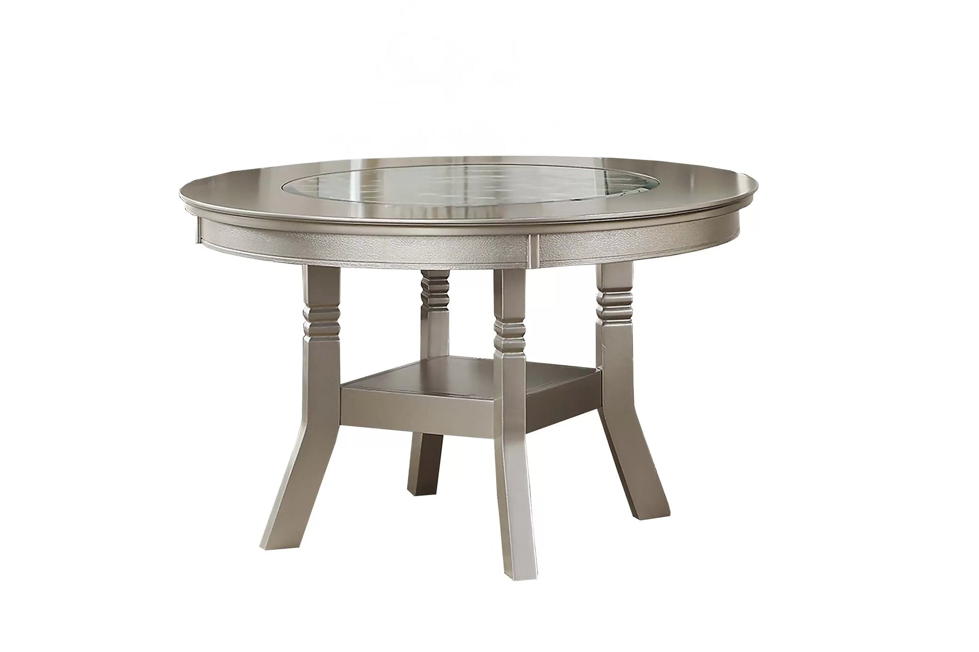 Silver Round Glass-Top Dining Group with Tufted Chairs
