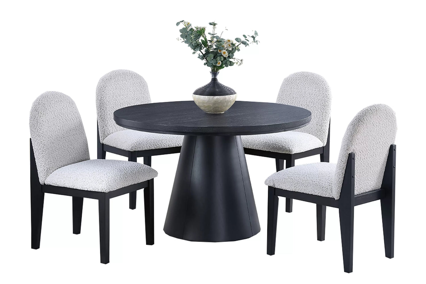 Black Round Dining Group with Bouclé Chairs