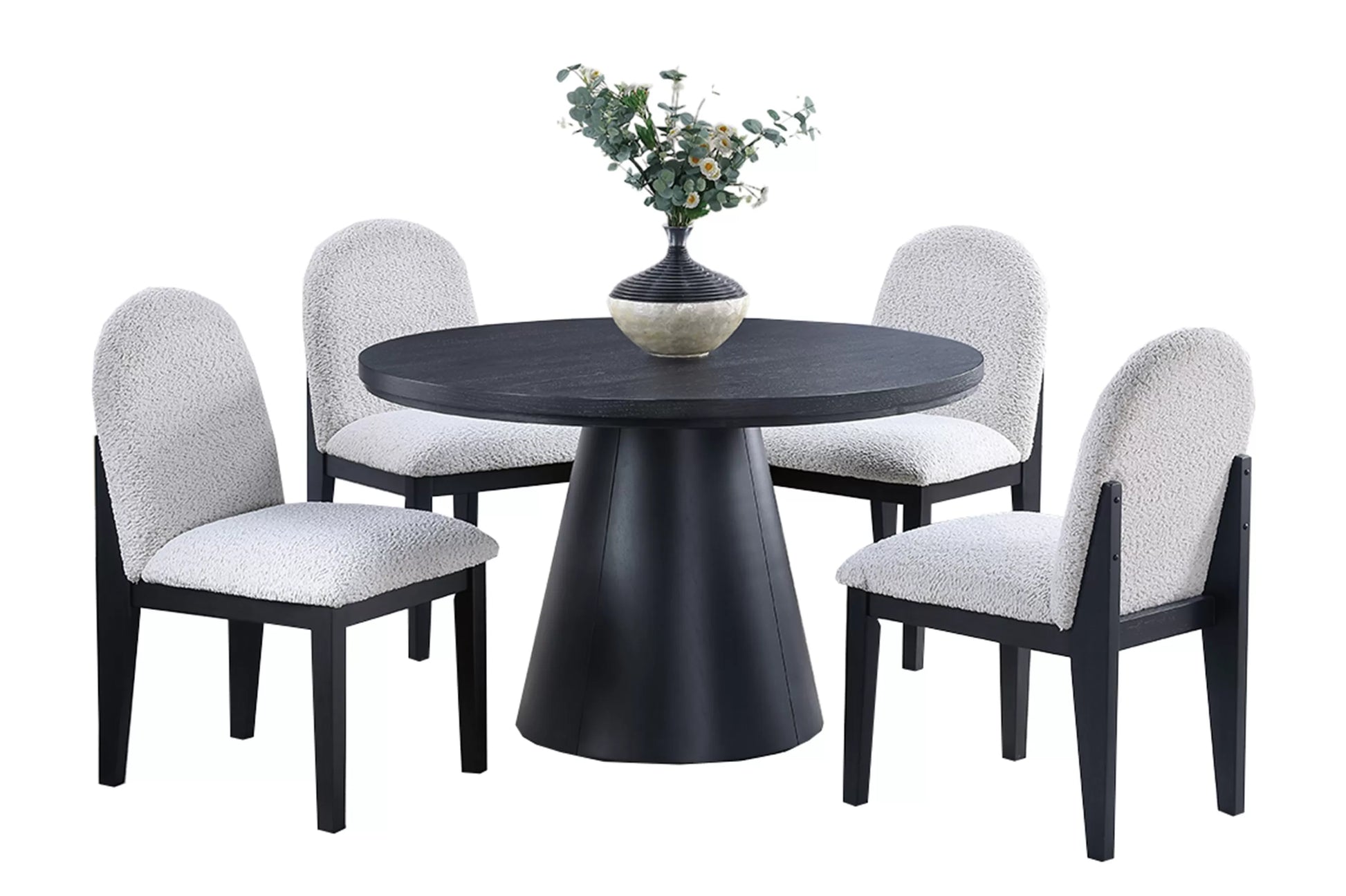 Black Round Dining Group with Bouclé Chairs