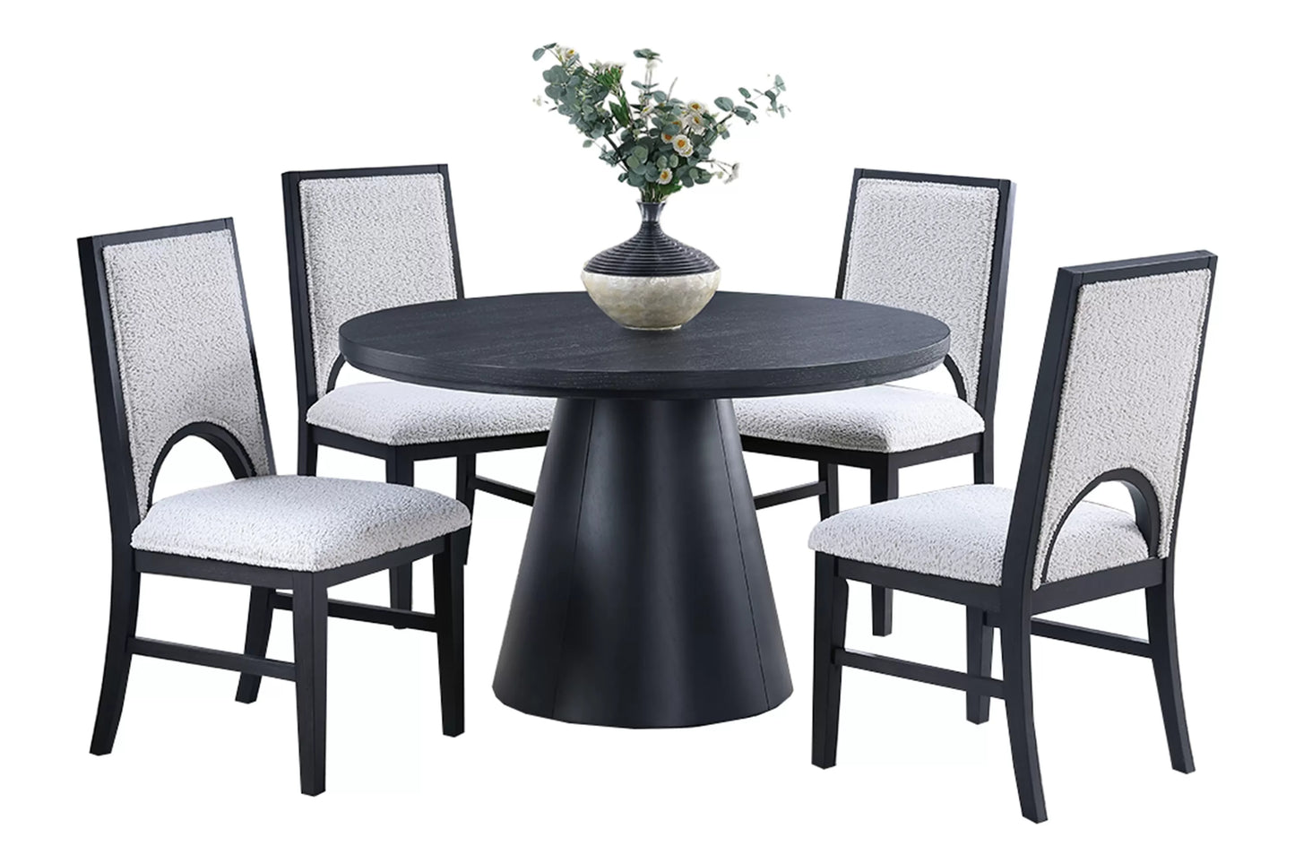 Black Round Dining Group with Bouclé Chairs