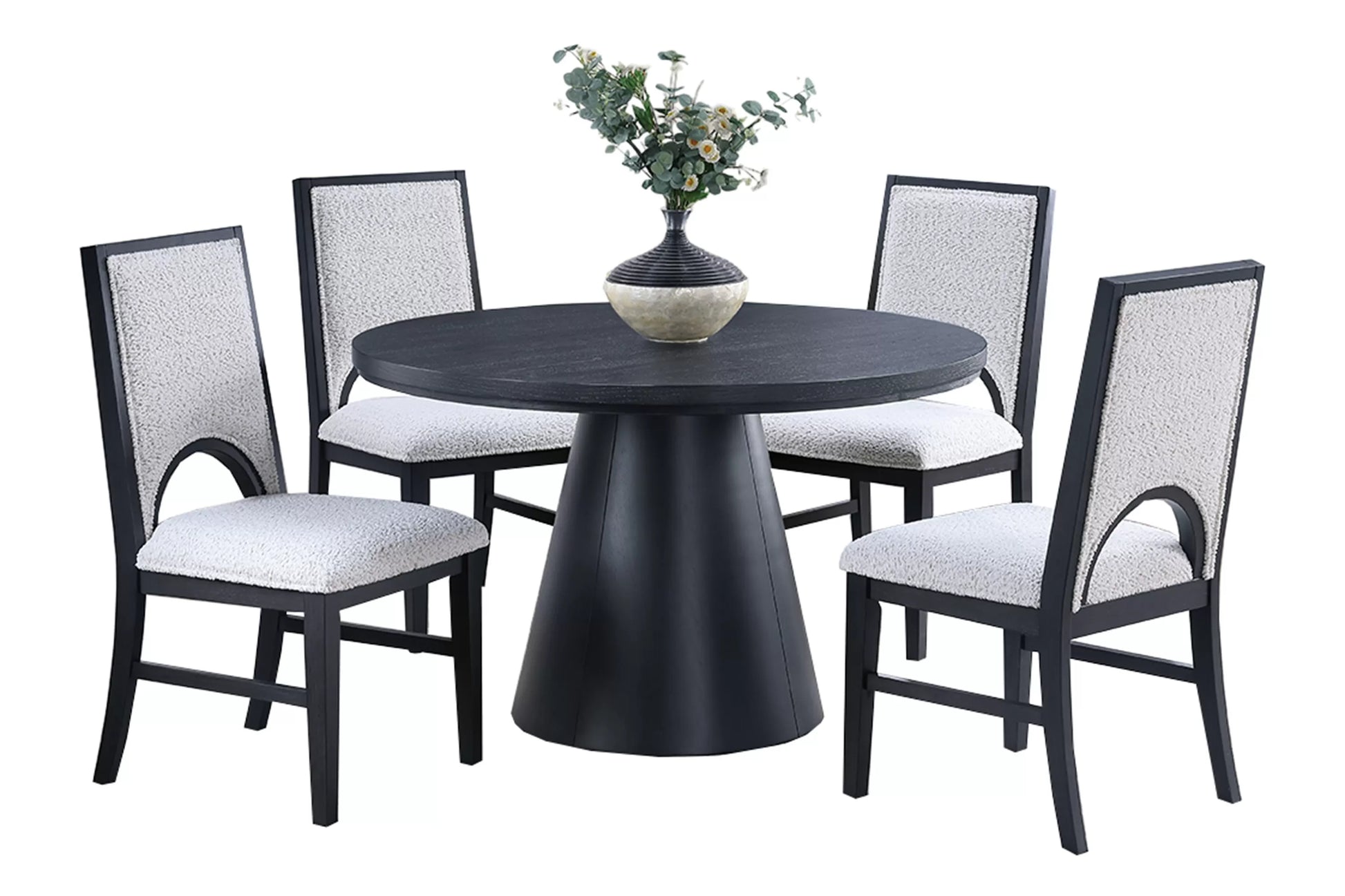 Black Round Dining Group with Bouclé Chairs