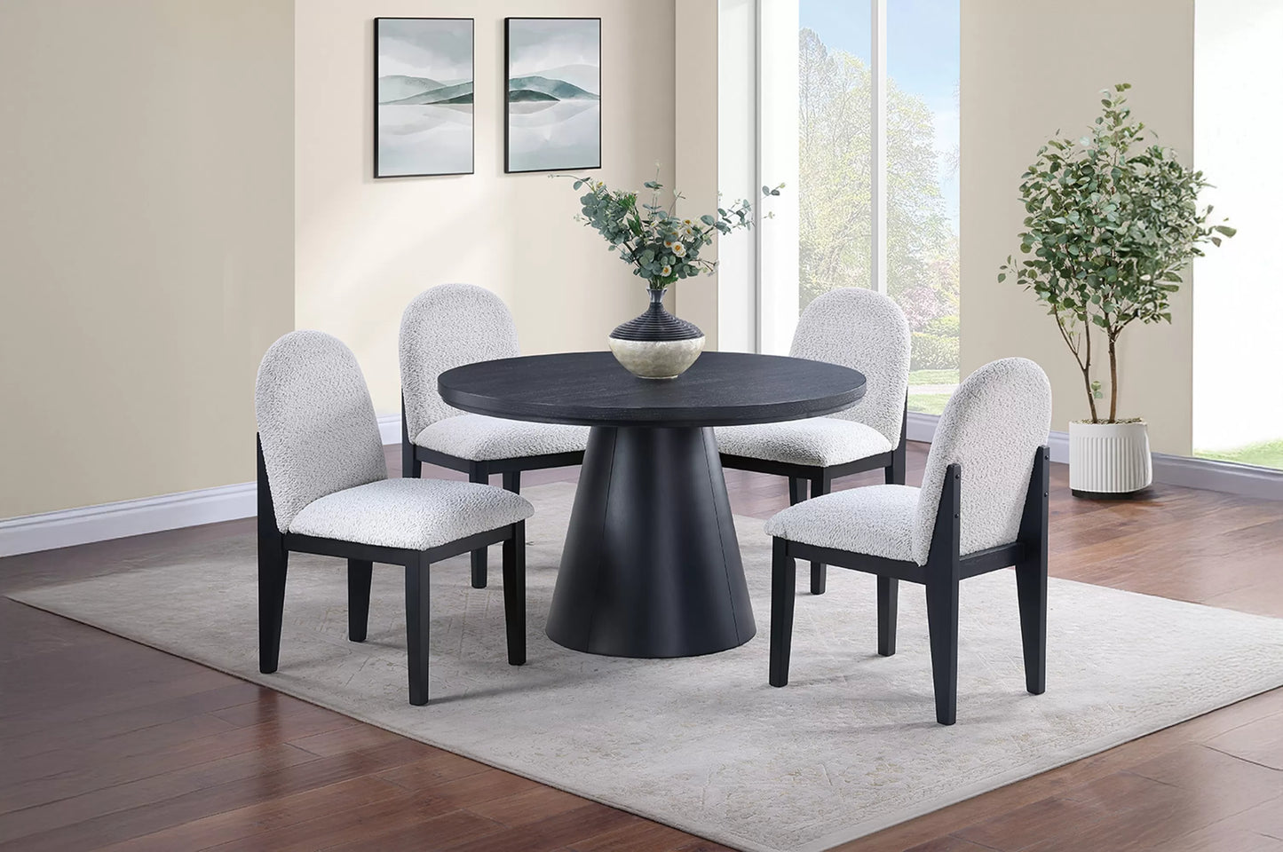 Black Round Dining Group with Bouclé Chairs