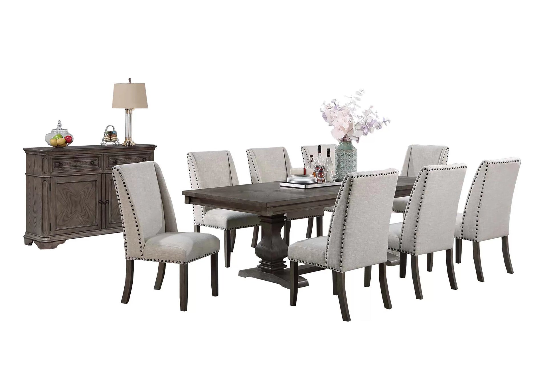 Double-Pedestal Dining Group with Nailhead Chairs