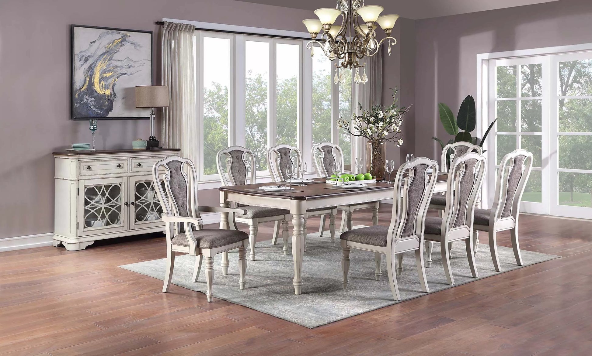 Distressed White Double-Leaf Dining Group — F2571