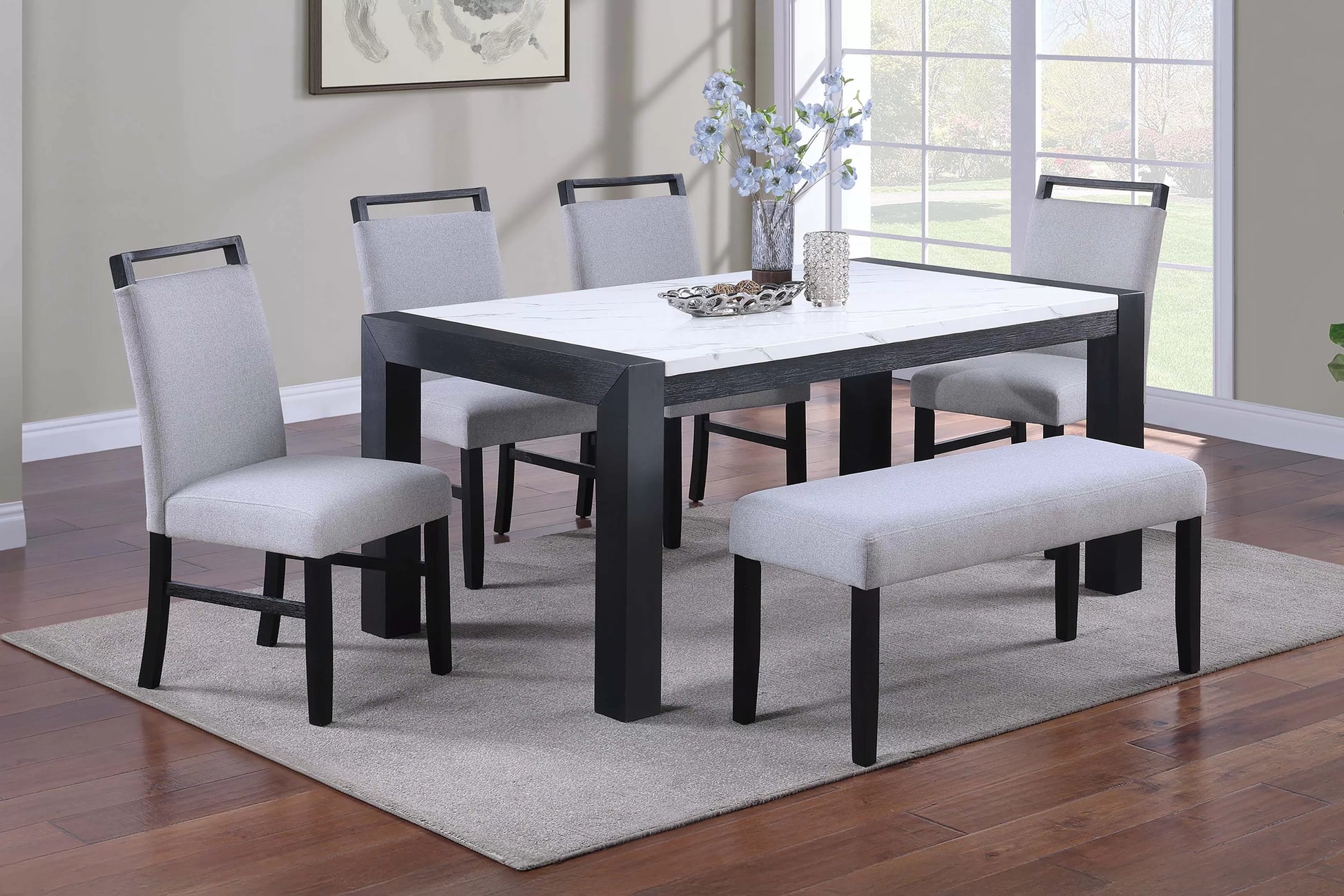 Charcoal Faux-Marble Dining Group with Upholstered Chairs and Bench