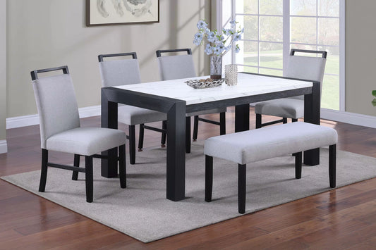 Charcoal Faux-Marble Dining Group with Upholstered Chairs and Bench