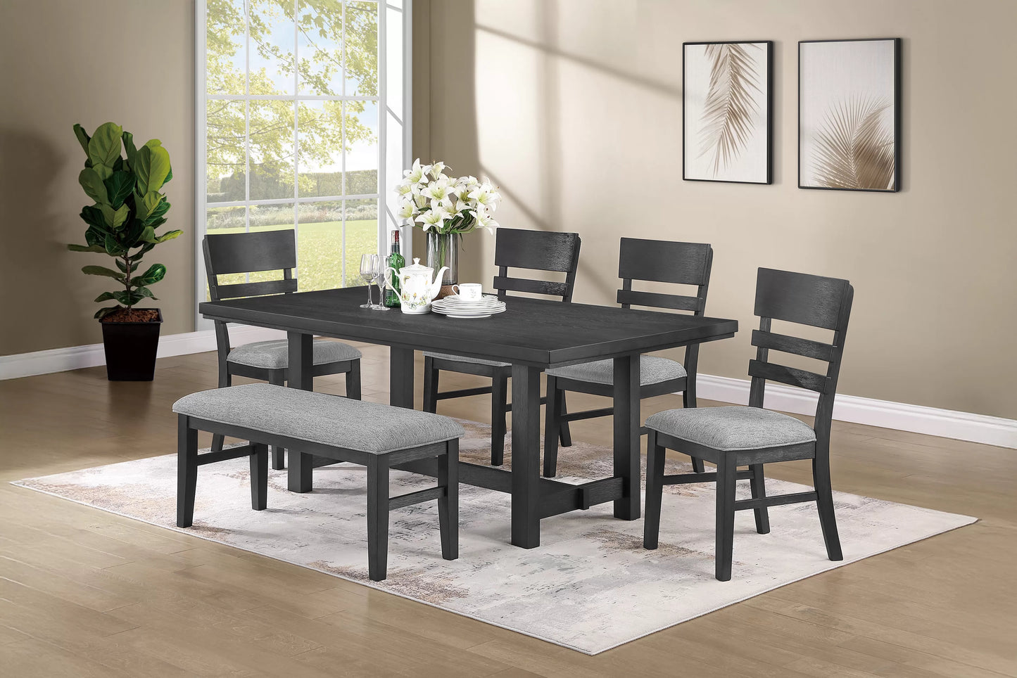 Charcoal Black Dining Group with Ladder-Back Chairs and Bench