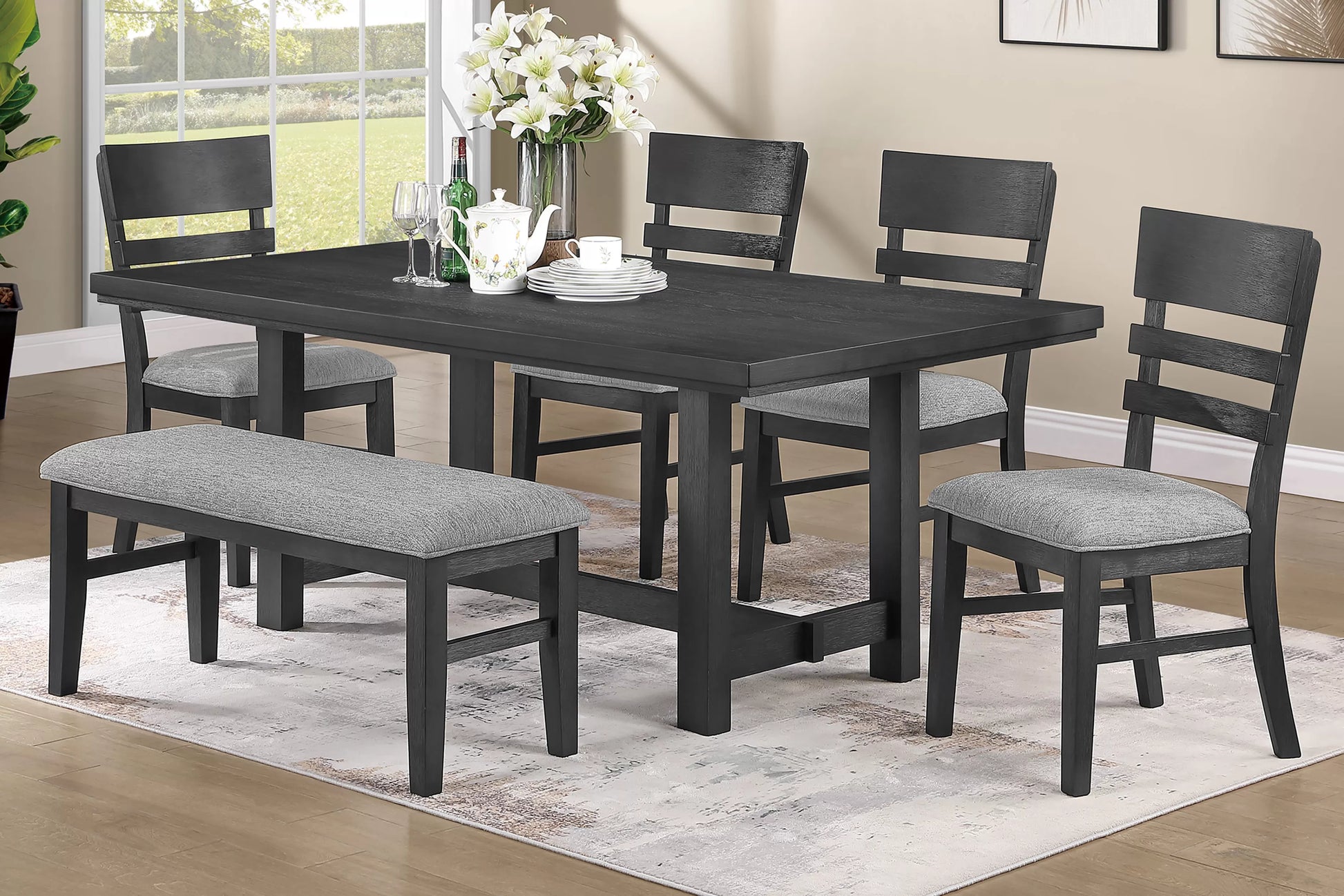 Charcoal Black Dining Group with Ladder-Back Chairs and Bench