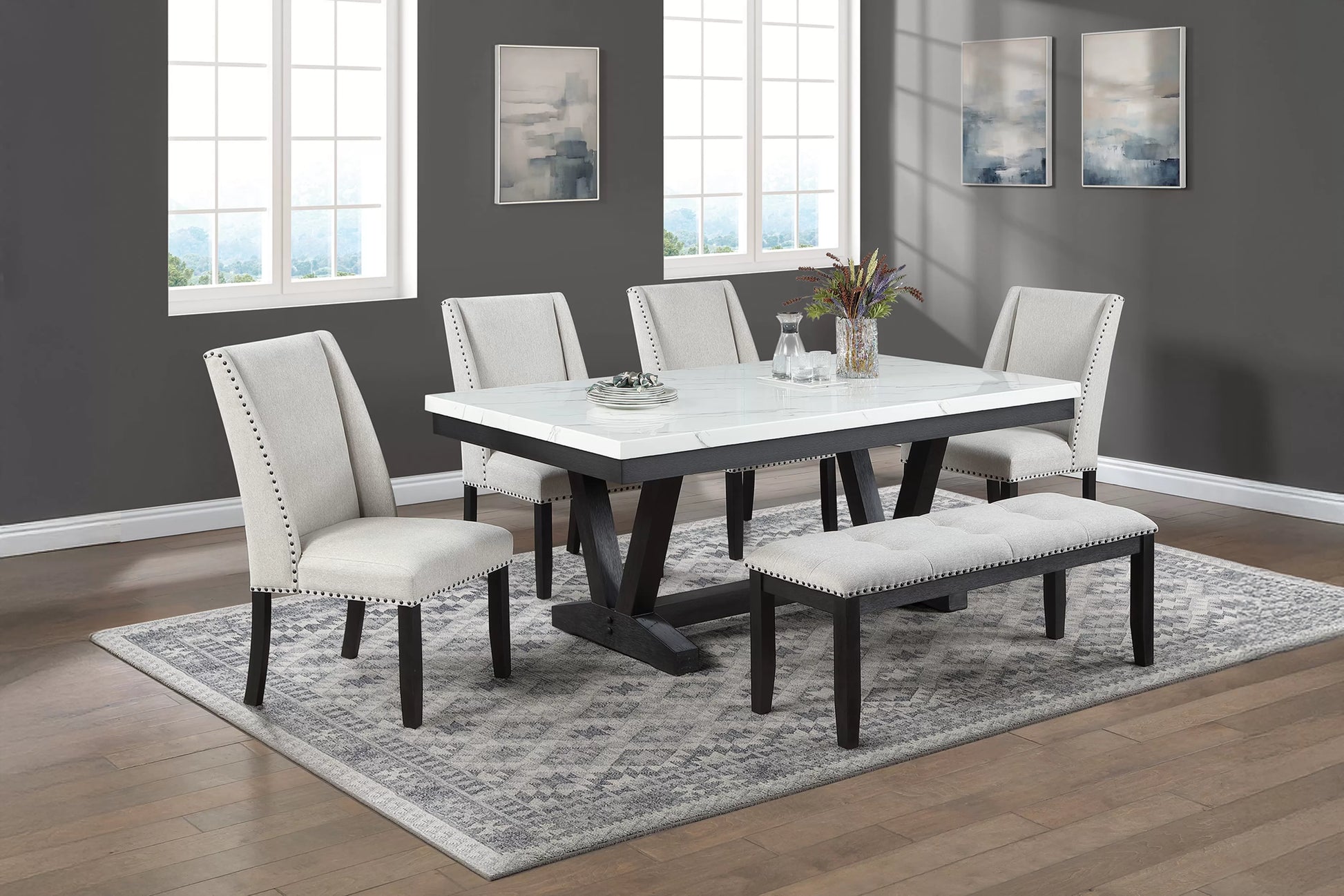 Antique Black Faux-Marble Dining Group with Bench — F2712-2