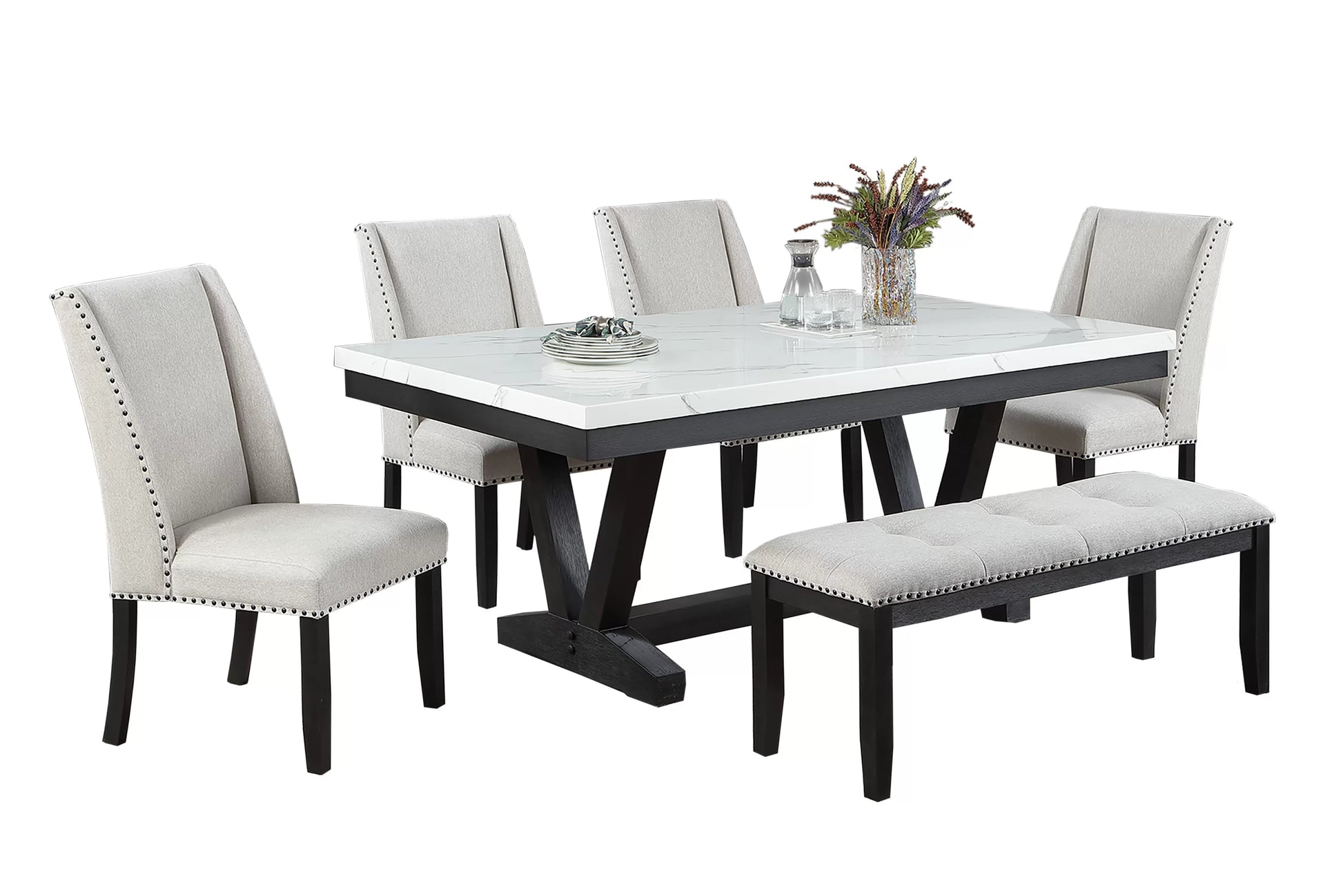 Antique Black Faux-Marble Dining Group with Bench — F2712-3