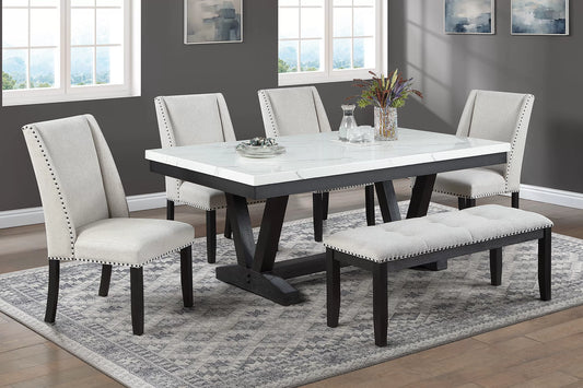 Antique Black Faux-Marble Dining Group with Bench — F2712