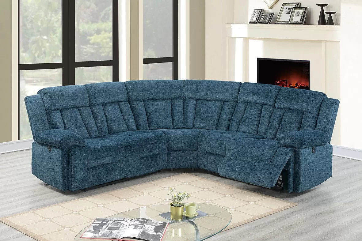 Dark Blue Chenille Power Reclining Sectional with USB - Dark Blue