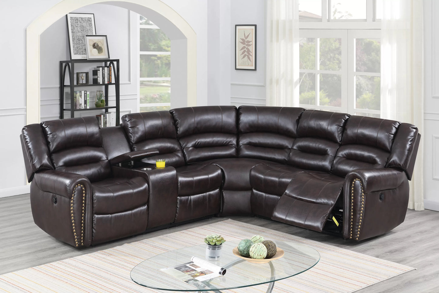 Bonded Leather Power Reclining Sectional - Brown