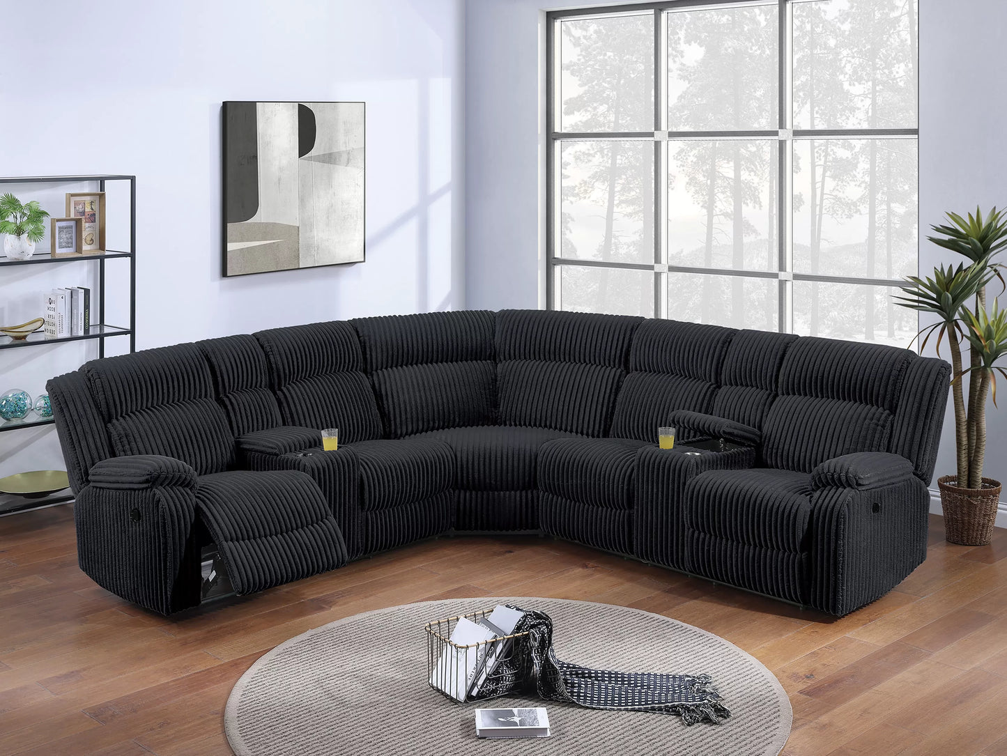 Corduroy Power Motion Sectional with Dual Consoles - Black
