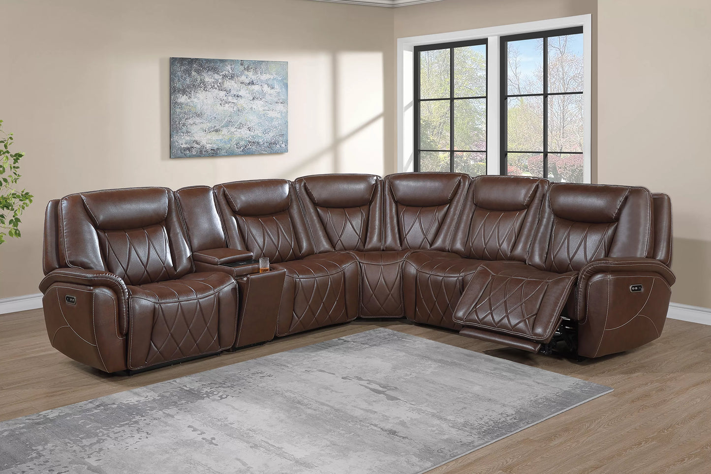 Top-Grain Leather Match Power Motion Sectional with Adjustable Headrests - Coffee