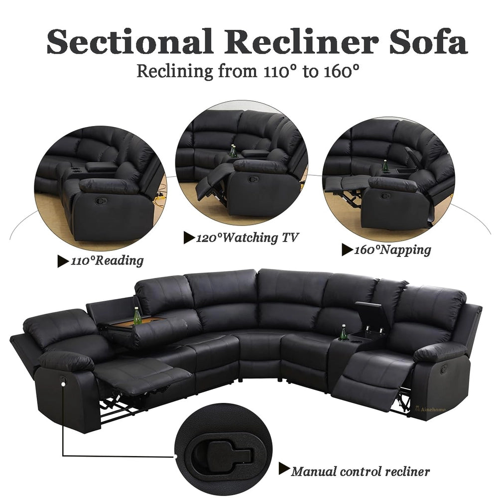 Ainehome Grandview 5-Seat Reclining Sectional Sofa in Black Faux Leather
