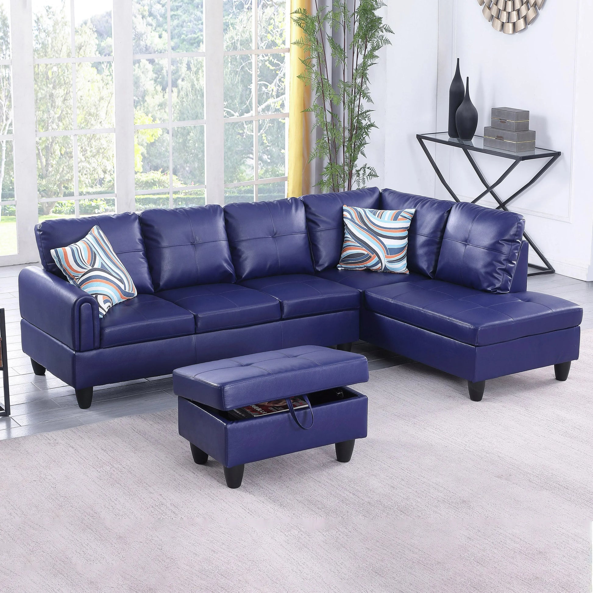 97" Wide Blue Faux Leather L-Shaped Living Room Sectional Sofa Set
