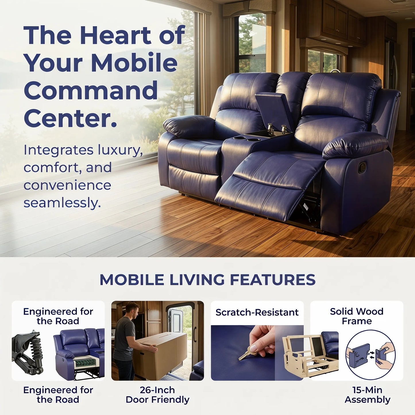 Ainehome 68" Manual RV Loveseat Recliner with Storage Console - Breathable Synthetic Leather Motorhome Sofa Replacement - 67" Full Extension & 26" Door Friendly - Walnut Brown