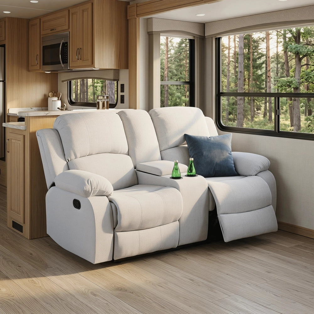 68" Manual RV Loveseat Recliner with Storage Console - Breathable Tech-Fabric Motorhome Sofa Replacement - 67" Full Extension & 26" Door Friendly - Brown