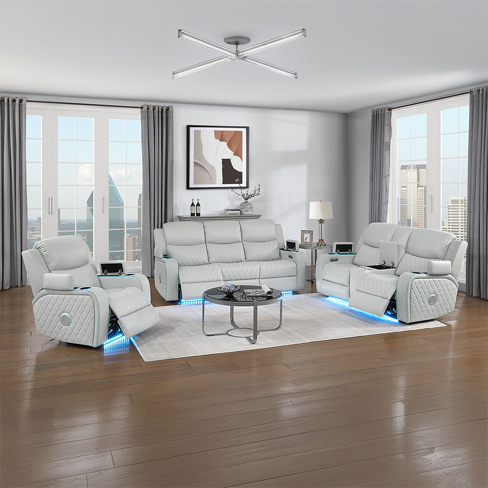 Elonzo - Power Motion Loveseat With Console, LED, Power Headrest & Speaker - Light Gray